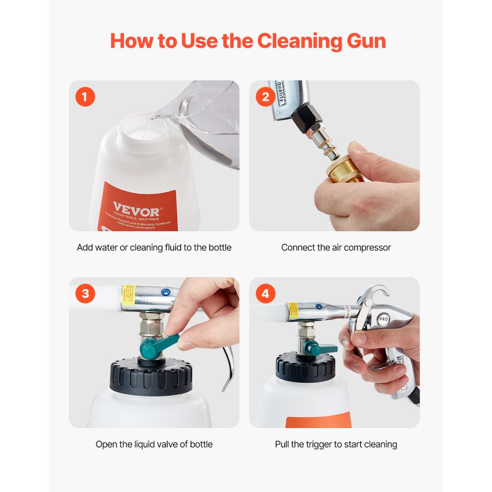 VEVOR Car Cleaning Gun, 6-9.2 Bar High-Pressure Air Blow Gun with 2 Set Nozzles & 1L Liquid Bottle, Vortex Cleaning Gun, Quickly Blasts Dirt and Dust from Surface, Work with 1/4 NPT Air Compressor