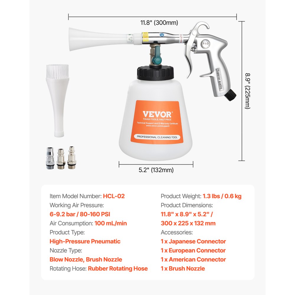 VEVOR Car Cleaning Gun, 6-9.2 Bar High-Pressure Air Blow Gun with 2 Set Nozzles & 1L Liquid Bottle, Vortex Cleaning Gun, Quickly Blasts Dirt and Dust from Surface, Work with 1/4 NPT Air Compressor
