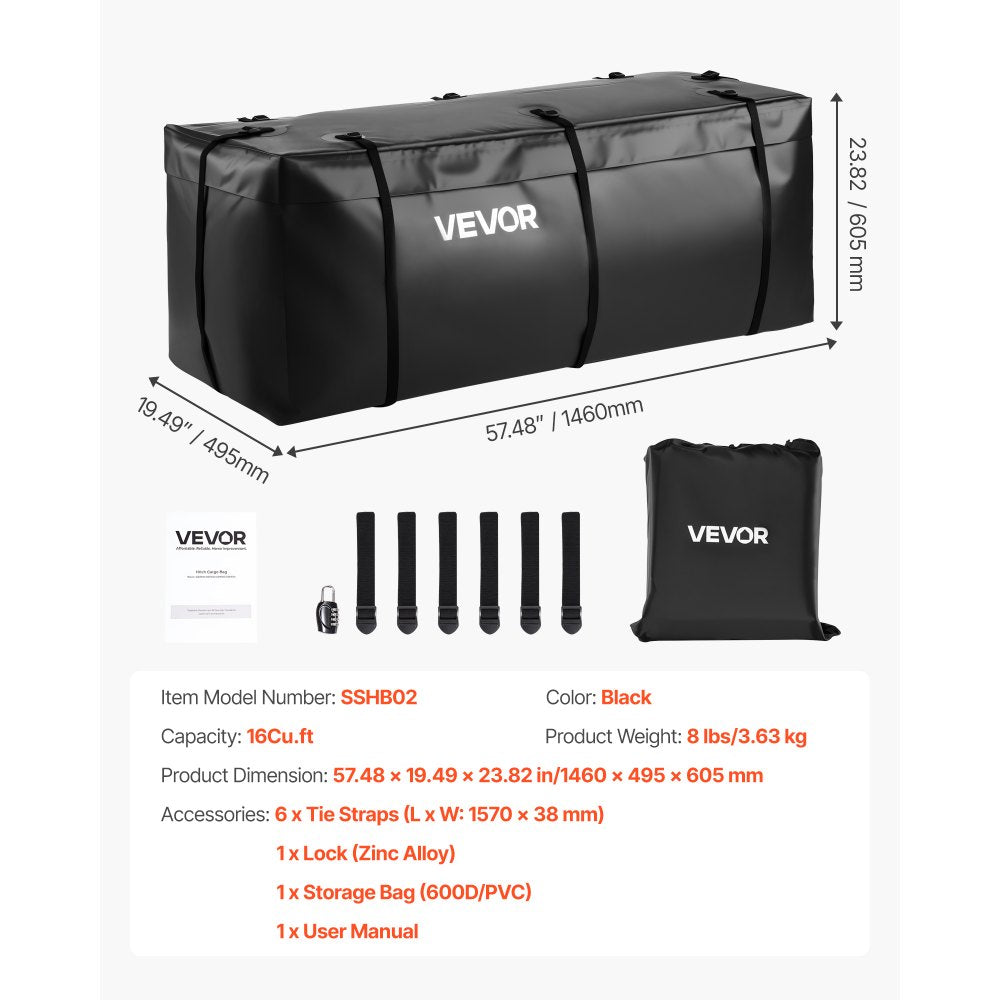 VEVOR Hitch Cargo Carrier Bag, Waterproof 840D PVC, 57.48 x 19.49 x 23.82 in (16 Cubic Feet), Heavy Duty Cargo Bag for Truck Bed Storage with Reinforced Straps, Suitable for Car SUV Vans Hitch Basket