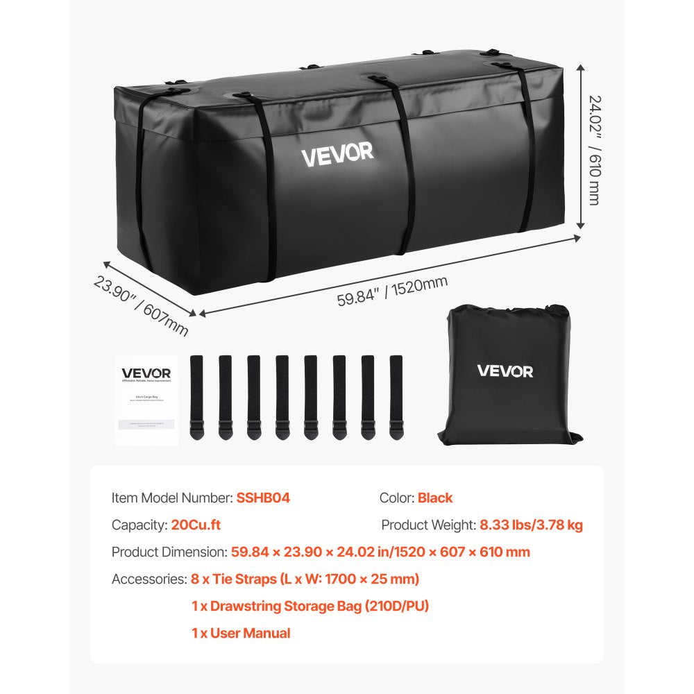 VEVOR Hitch Cargo Carrier Bag, Waterproof 840D PVC, 59.84 x 23.9 x 24.02 in (20 Cubic Feet), Heavy Duty Cargo Bag for Truck Bed Storage with 8 Reinforced Straps, Suitable for Car Vans Hitch Basket