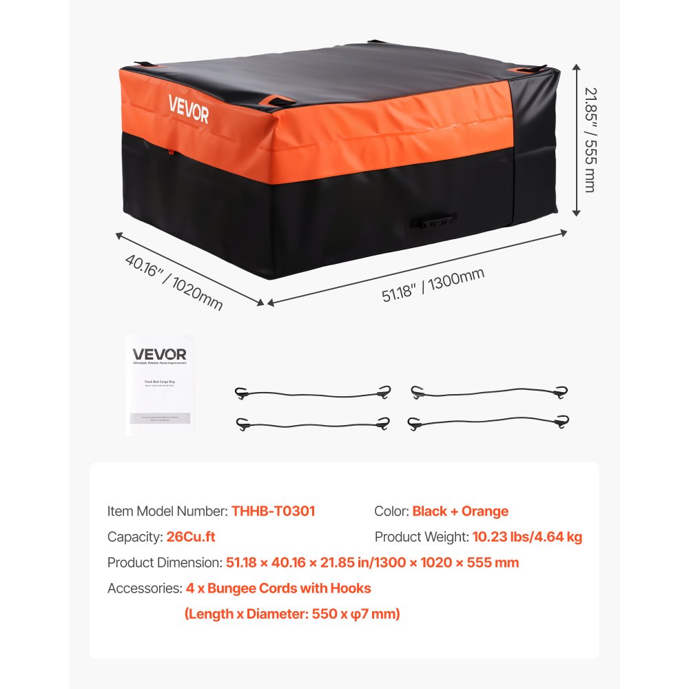 VEVOR Truck Bed Cargo Bag, Waterproof 840D PVC, 51.18 x 40.16 x 21.85 in (26 Cubic Feet), Heavy Duty Cargo Bag for Truck Bed with 4 Bungee Cords with Hooks, Fits a Variety of SUV and Pickup Trucks