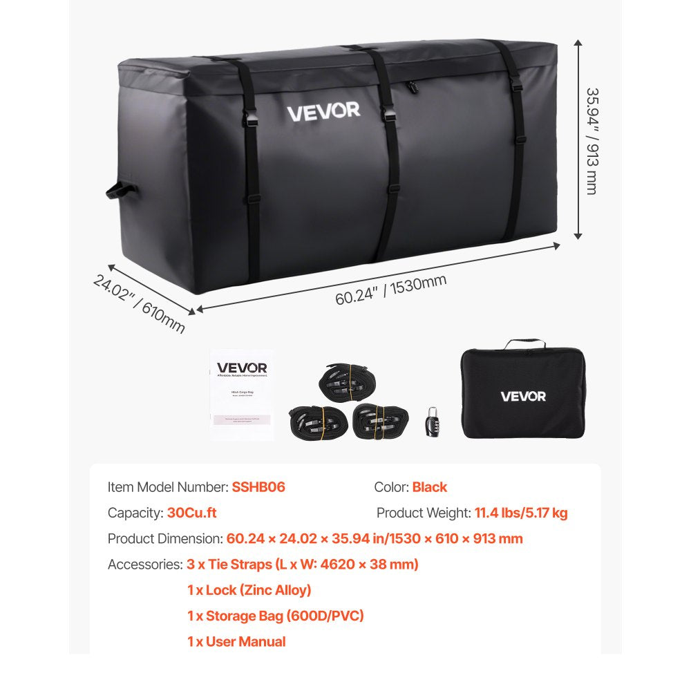 VEVOR Hitch Cargo Carrier Bag, Waterproof 840D PVC, 60.24 x 24.02 x 35.94 in (30 Cubic Feet), Heavy Duty Cargo Bag for Truck Bed Storage with Reinforced Straps, Suitable for Car SUV Vans Hitch Basket