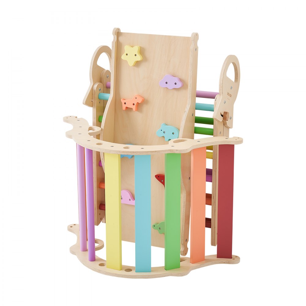 VEVOR Pikler Triangle Set, 9-in-1 Toddler Climbing Toys Indoor, with 2 Wooden Cars, Cushion, Triangle, Arch, and Ramp, 150 lbs Load, Foldable Montessori Climbing Set for Toddlers and Kids, Rainbow