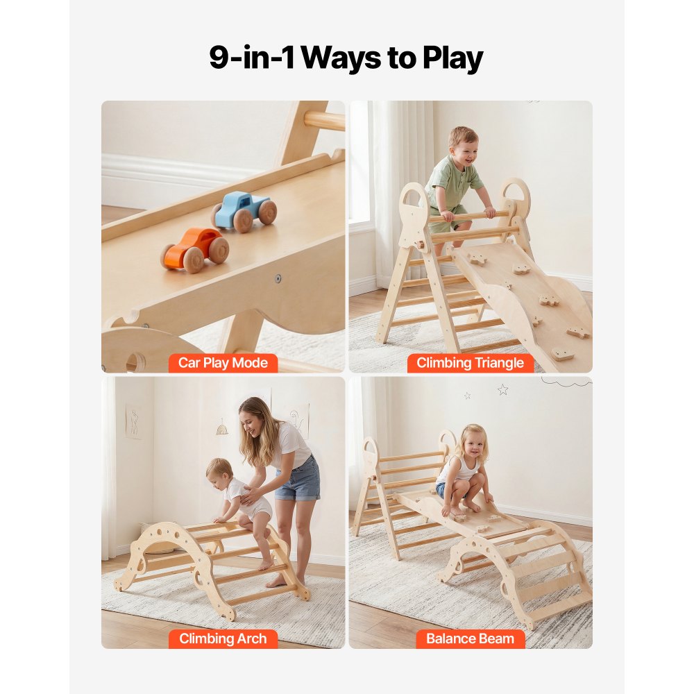VEVOR Pikler Triangle Set, 9-in-1 Toddler Climbing Toys Indoor, with 2 Wooden Cars, Cushion, Triangle, Arch, and Ramp, 150 lbs Load, Foldable Montessori Climbing Set for Toddlers and Kids, Wood Color