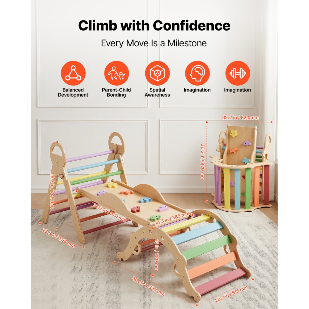 VEVOR Pikler Triangle Set, 9-in-1 Toddler Climbing Toys Indoor, with Xylophone, Cushion, Triangle, Arch, and Ramp, 150 lbs Load, Foldable Montessori Climbing Set for Toddlers and Kids, Rainbow