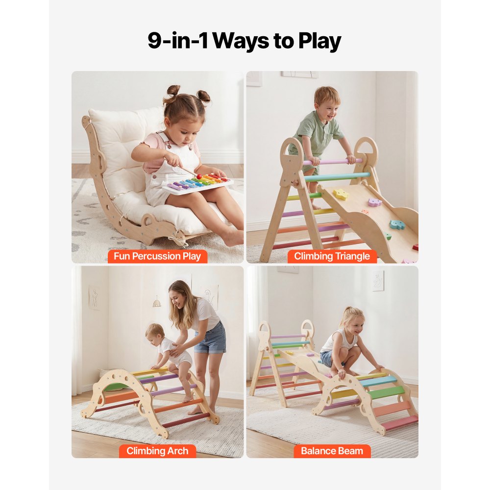 VEVOR Pikler Triangle Set, 9-in-1 Toddler Climbing Toys Indoor, with Xylophone, Cushion, Triangle, Arch, and Ramp, 150 lbs Load, Foldable Montessori Climbing Set for Toddlers and Kids, Rainbow