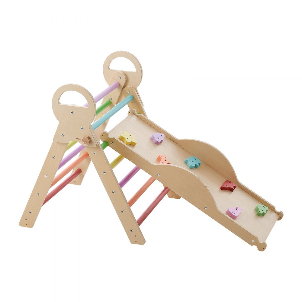 VEVOR Pikler Triangle Set, 9-in-1 Toddler Climbing Toys Indoor, with Xylophone, Cushion, Triangle, Arch, and Ramp, 150 lbs Load, Foldable Montessori Climbing Set for Toddlers and Kids, Rainbow