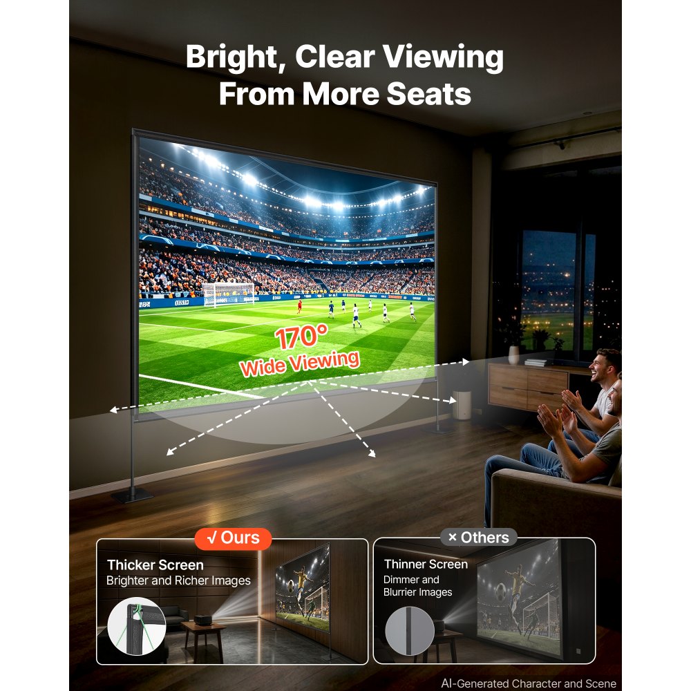VEVOR Projector Screen with Stands, 120 Inch 16:9 4K 1080P HD Movie Screen, 170° Wide Viewing, Front/Rear Projection Screen with Ground Stakes, Sandbags & Guy Ropes for Home Theater & Backyard Movies