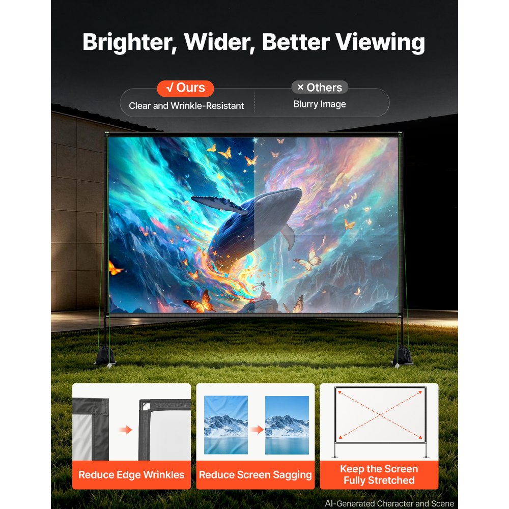 VEVOR Projector Screen with Stands, 120 Inch 16:9 4K 1080P HD Movie Screen, 170° Wide Viewing, Front/Rear Projection Screen with Ground Stakes, Sandbags & Guy Ropes for Home Theater & Backyard Movies