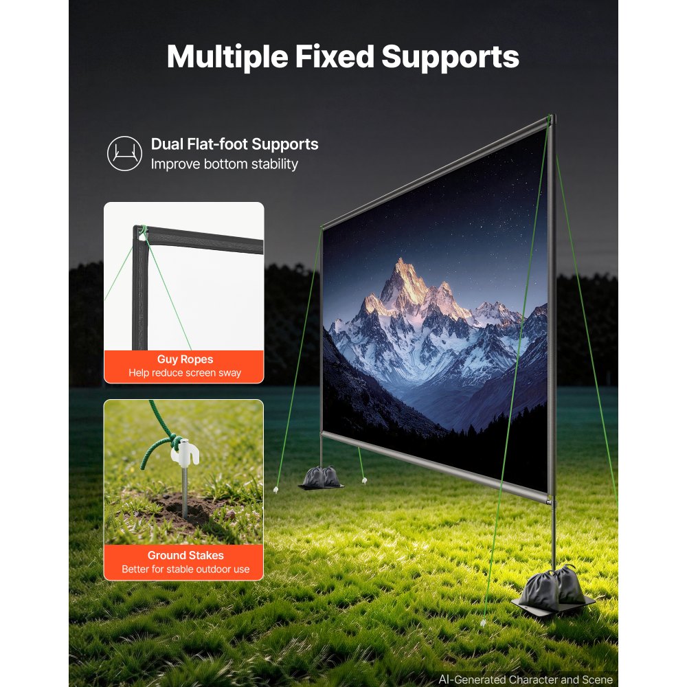 VEVOR Projector Screen with Stands, 120 Inch 16:9 4K 1080P HD Movie Screen, 170° Wide Viewing, Front/Rear Projection Screen with Ground Stakes, Sandbags & Guy Ropes for Home Theater & Backyard Movies