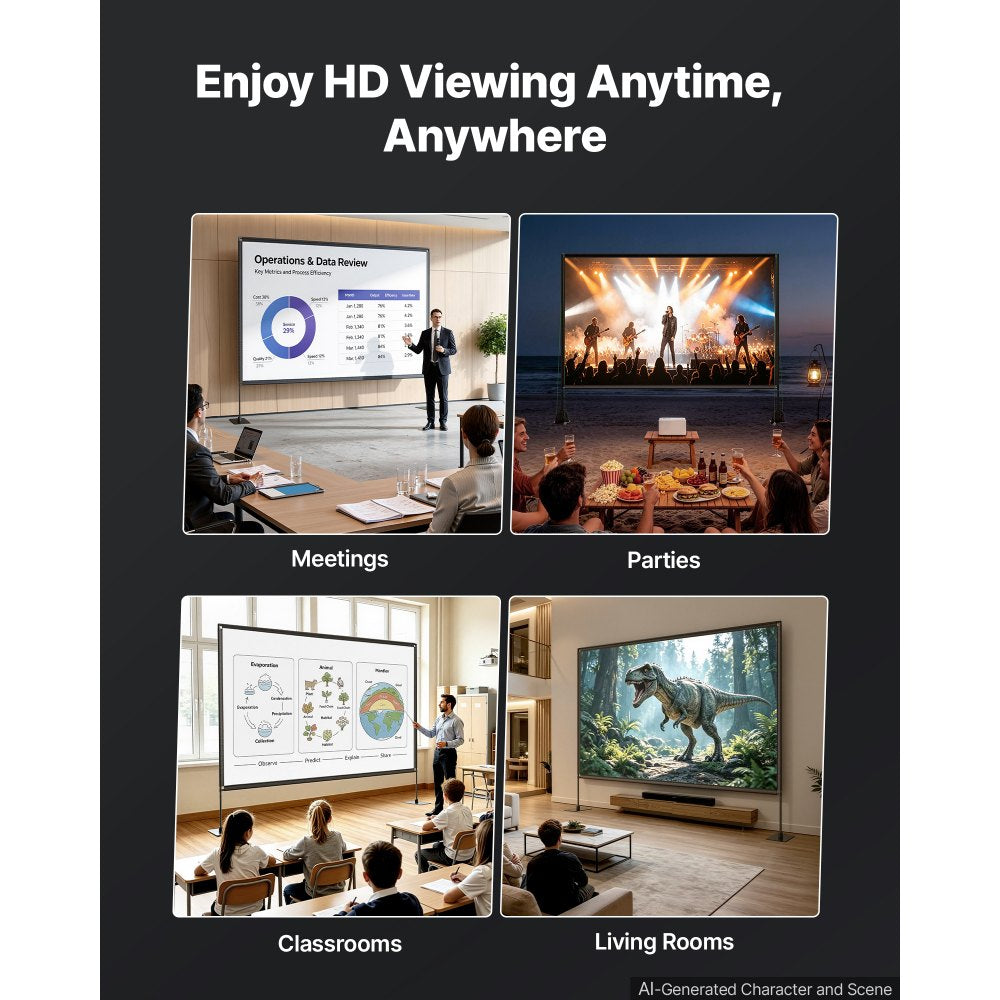 VEVOR Projector Screen with Stands, 120 Inch 16:9 4K 1080P HD Movie Screen, 170° Wide Viewing, Front/Rear Projection Screen with Ground Stakes, Sandbags & Guy Ropes for Home Theater & Backyard Movies