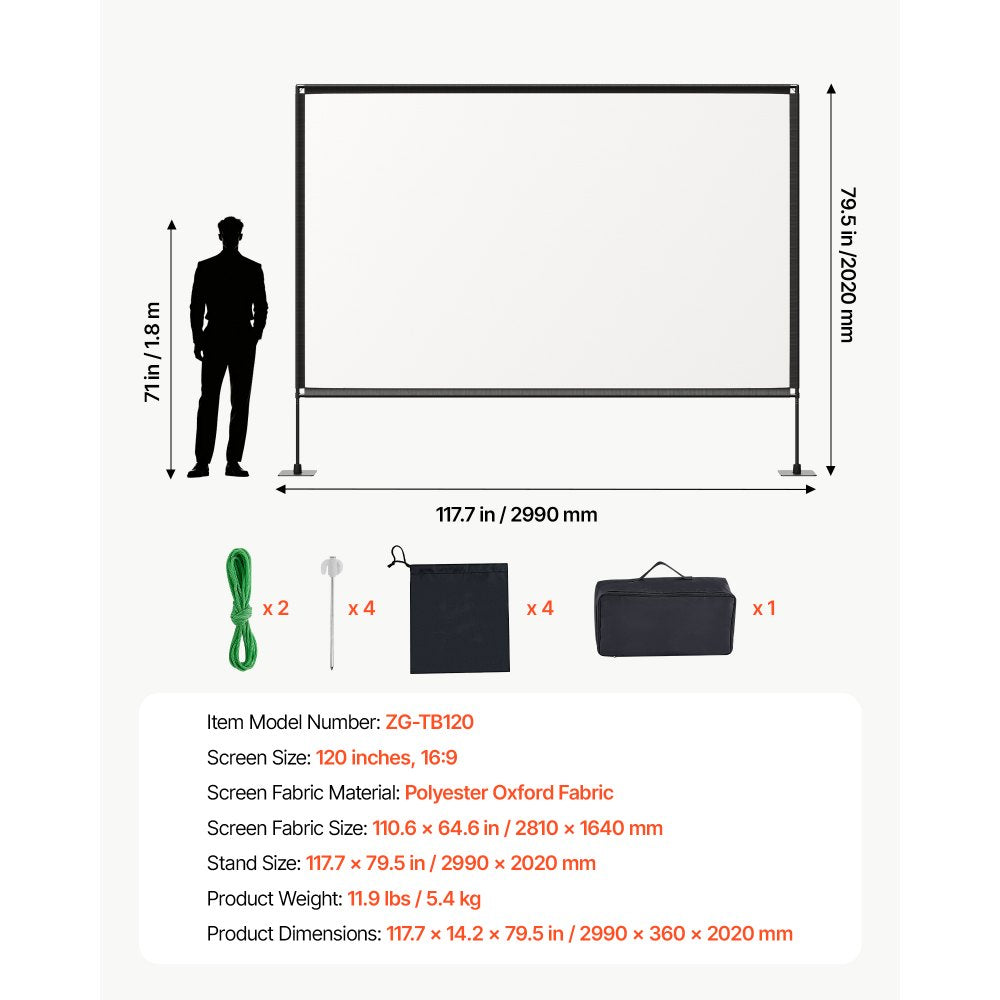 VEVOR Projector Screen with Stands, 120 Inch 16:9 4K 1080P HD Movie Screen, 170° Wide Viewing, Front/Rear Projection Screen with Ground Stakes, Sandbags & Guy Ropes for Home Theater & Backyard Movies