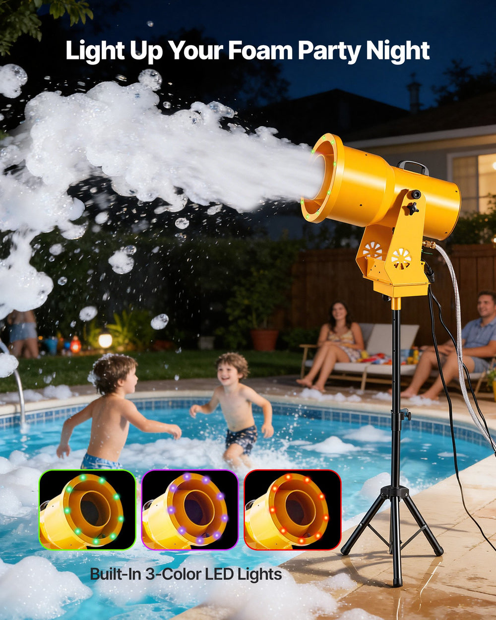 VEVOR foam machine with built-in 3-color LED lights for night foam parties