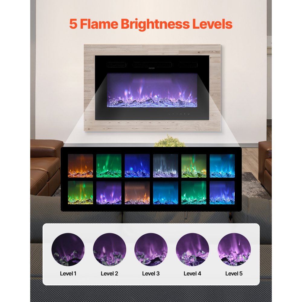 VEVOR 42 inch Electric Fireplace, Wall Mounted Recessed Fire Place with Remote Control, Timer, 1500W, Adjustable Flame Color Brightness, Touch Screen, Overheat Protection, for Living Room,Bedroom
