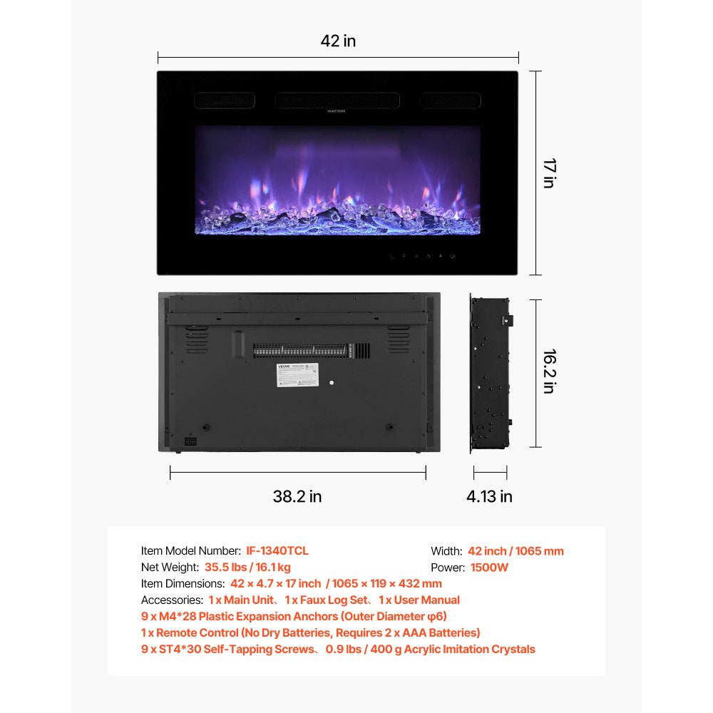 VEVOR 42 inch Electric Fireplace, Wall Mounted Recessed Fire Place with Remote Control, Timer, 1500W, Adjustable Flame Color Brightness, Touch Screen, Overheat Protection, for Living Room,Bedroom