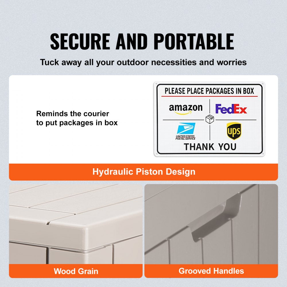 VEVOR Outdoor Storage Box, 31 Gallon Resin Deck Box, Backyard Outside Toy and Towel Storage Cabinet Waterproof, for Patio Furniture Cushions, Garden Tools, Pool Supplies & Package Delivery (Grey)