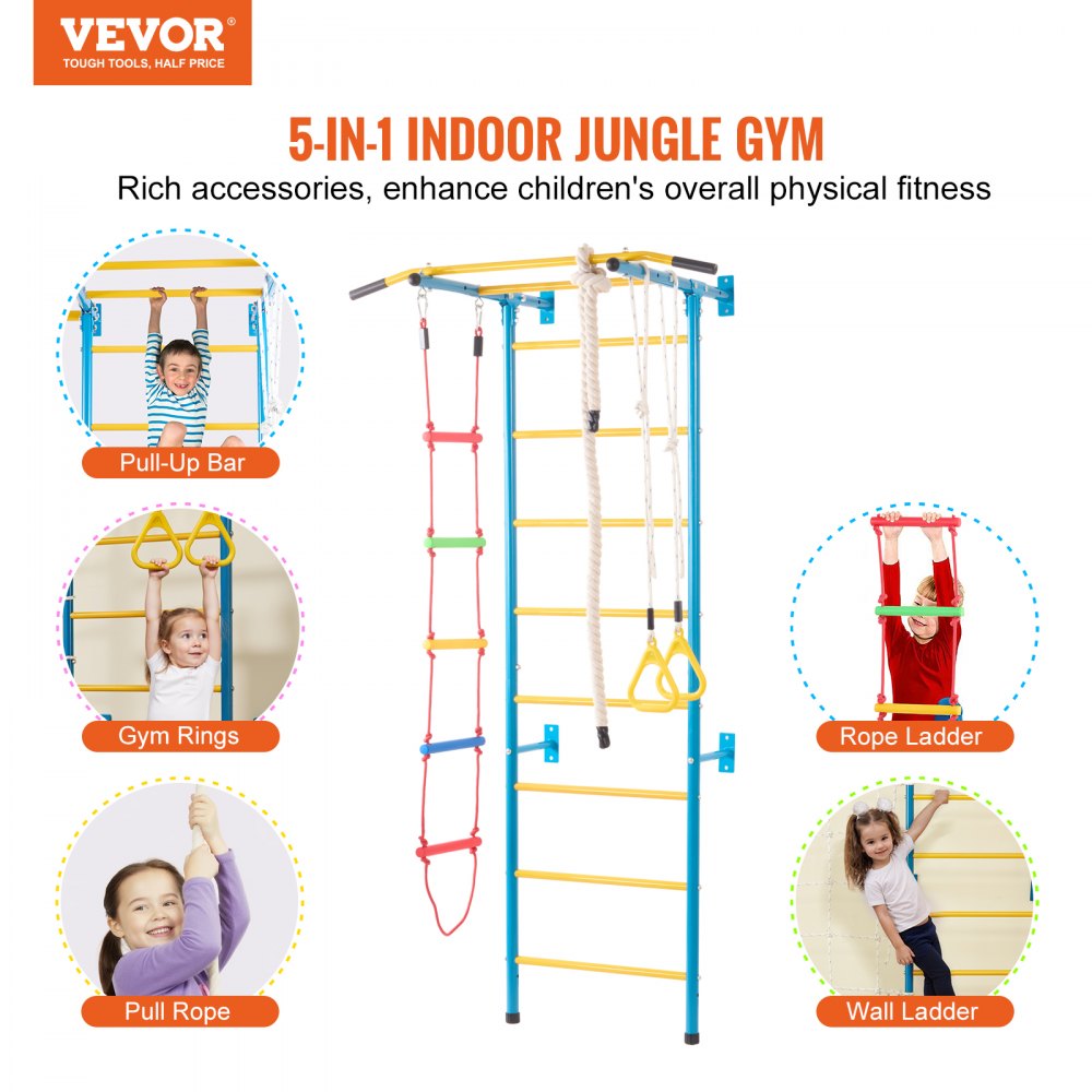 VEVOR Indoor Jungle Gym for Toddlers, 5-in-1 Climbing Playset with Carbon Steel Swedish Ladder, Wall Ladder, Pull-Up Bar, Rope Ladder, and Gymnastic Rings, Supports 220 lbs, Multicolor