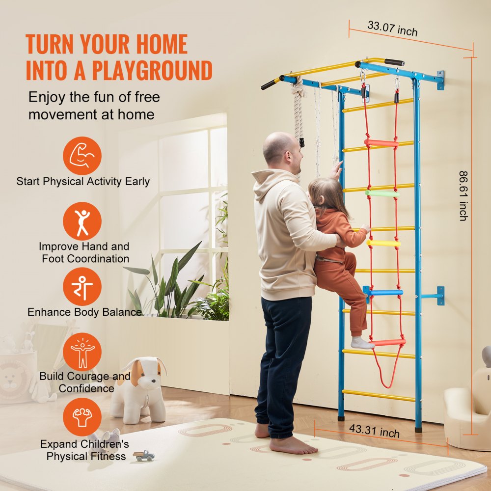 VEVOR Indoor Jungle Gym for Toddlers, 5-in-1 Climbing Playset with Carbon Steel Swedish Ladder, Wall Ladder, Pull-Up Bar, Rope Ladder, and Gymnastic Rings, Supports 220 lbs, Multicolor