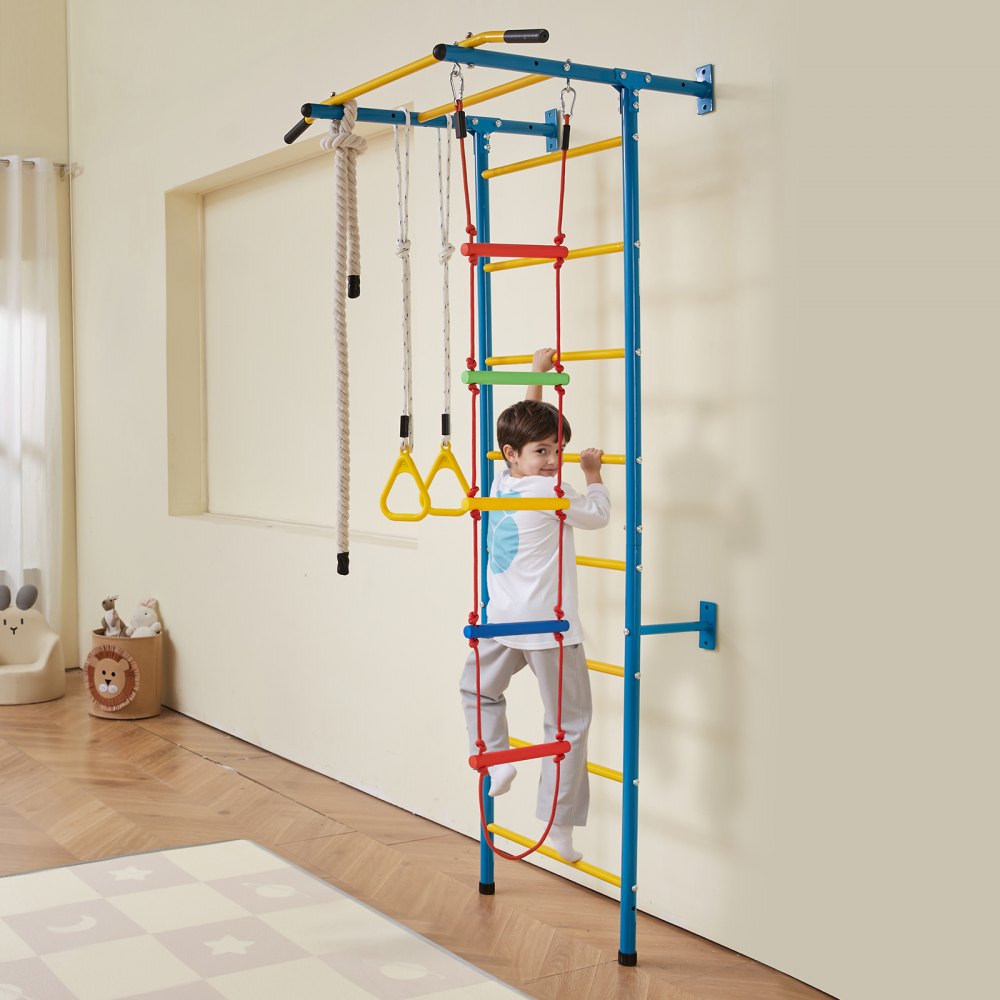 VEVOR Indoor Jungle Gym for Toddlers, 5-in-1 Climbing Playset with Carbon Steel Swedish Ladder, Wall Ladder, Pull-Up Bar, Rope Ladder, and Gymnastic Rings, Supports 220 lbs, Multicolor