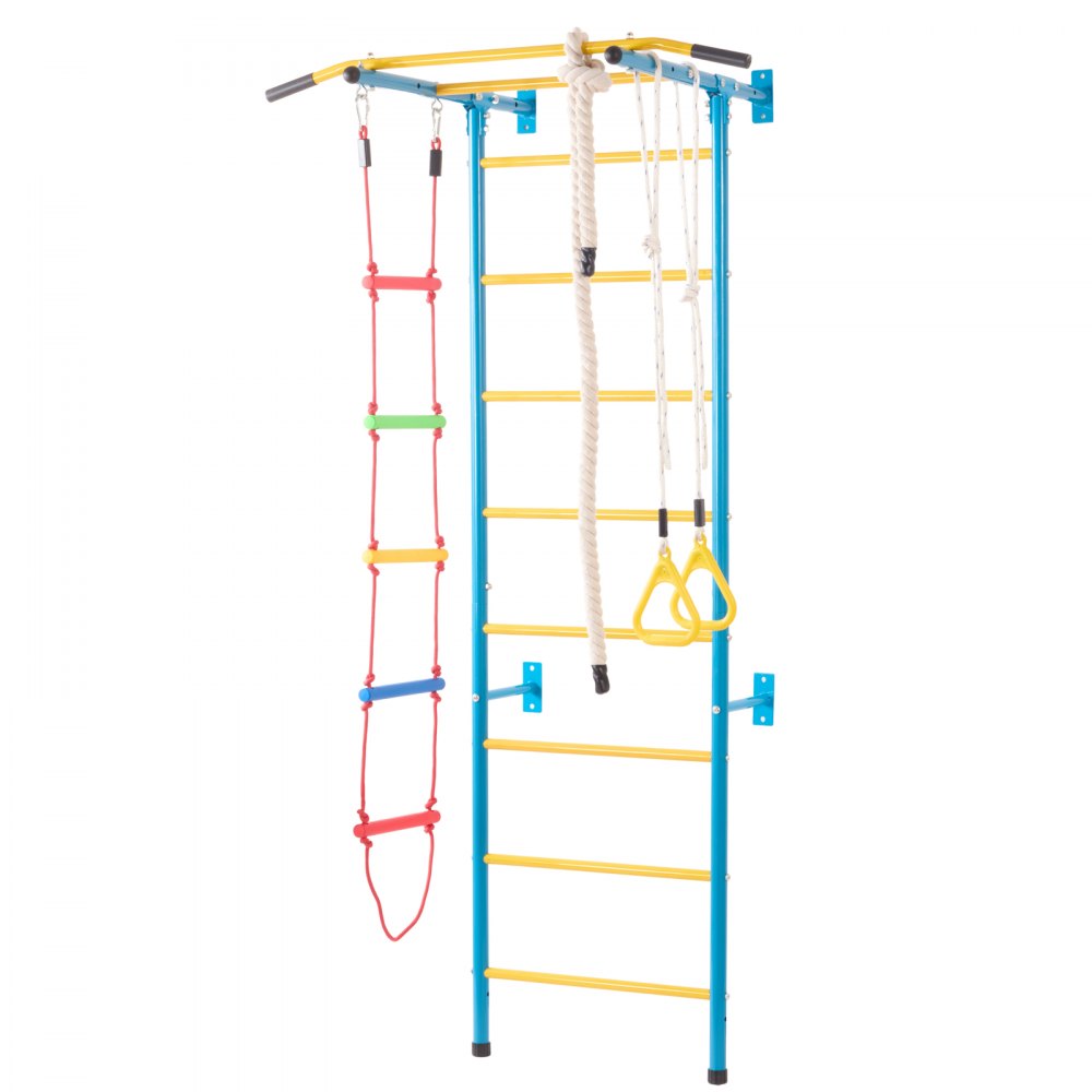 VEVOR Indoor Jungle Gym for Toddlers, 5-in-1 Climbing Playset with Carbon Steel Swedish Ladder, Wall Ladder, Pull-Up Bar, Rope Ladder, and Gymnastic Rings, Supports 220 lbs, Multicolor