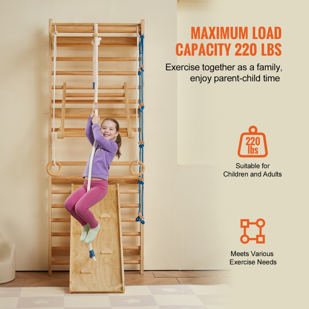 VEVOR Swedish Ladder Wall Gym, 8 in 1 Wooden Indoor Playground Climbing Toys, 220 lbs Load Capacity Swedish Wall Ladder with Pull-Up Bar, Gym Rings, Swing Seat, Rope Ladder, Wall Ladder, Slide Board