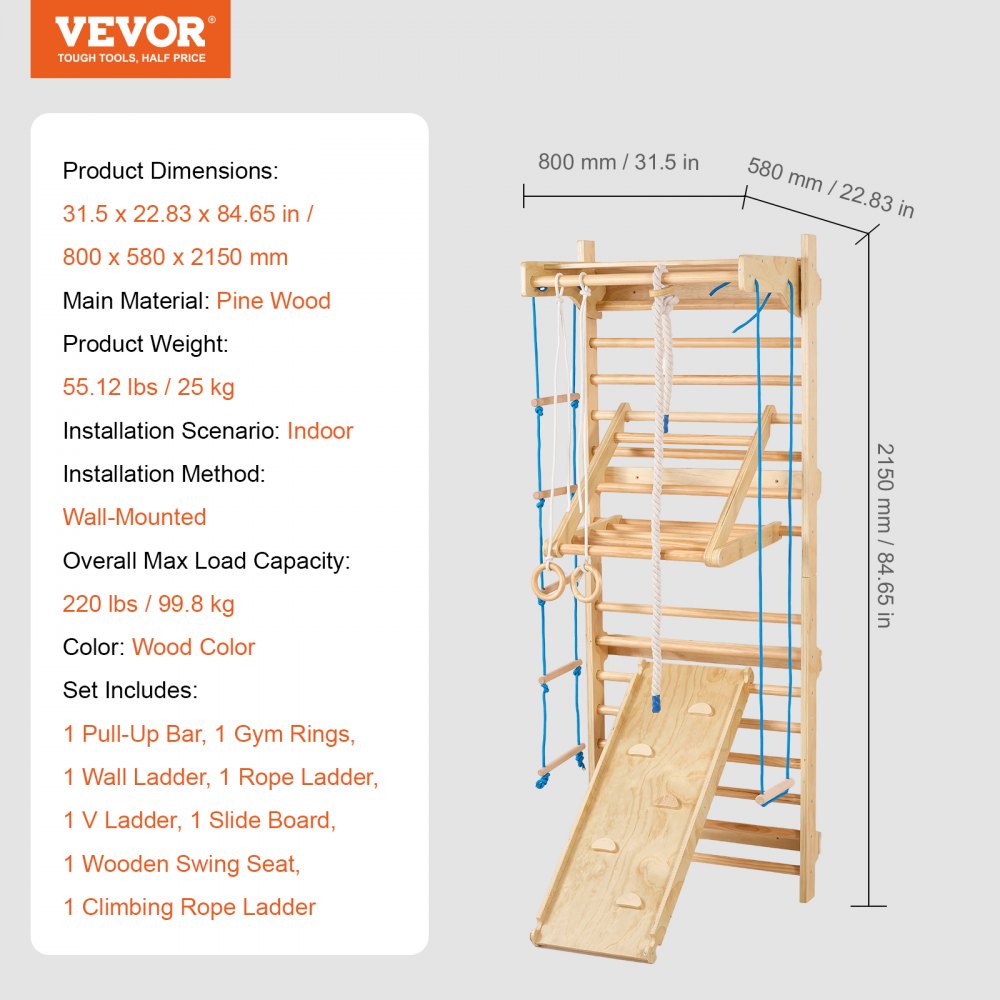 VEVOR Swedish Ladder Wall Gym, 8 in 1 Wooden Indoor Playground Climbing Toys, 220 lbs Load Capacity Swedish Wall Ladder with Pull-Up Bar, Gym Rings, Swing Seat, Rope Ladder, Wall Ladder, Slide Board