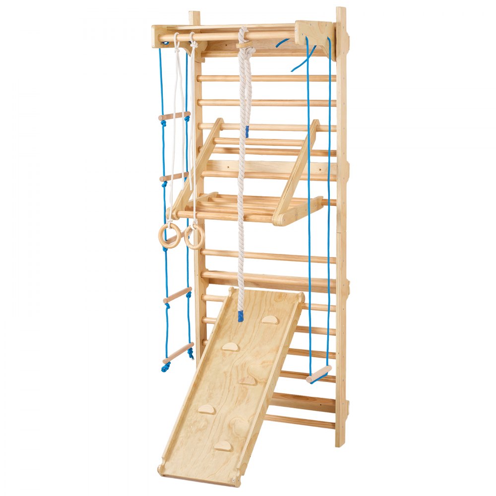 VEVOR Swedish Ladder Wall Gym, 8 in 1 Wooden Indoor Playground Climbing Toys, 220 lbs Load Capacity Swedish Wall Ladder with Pull-Up Bar, Gym Rings, Swing Seat, Rope Ladder, Wall Ladder, Slide Board
