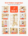 9-in-1 Indoor Jungle Gym feature overview (gym rings, climbing wall, pull-up bar, rope wall, swing, rope ladder, wall ladder, climbing board, slide board)