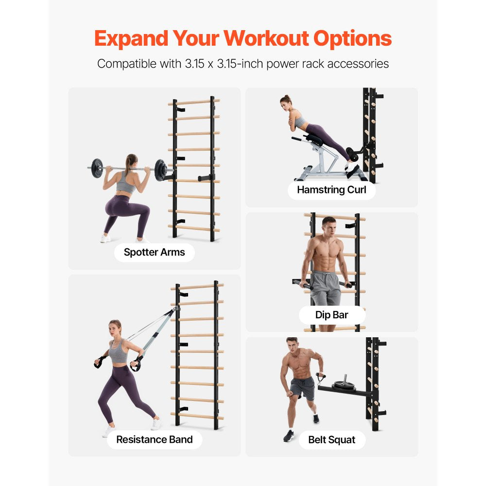 VEVOR Swedish Ladder Wall Gym, 9-Level Swedish Ladder Suspension Trainer, 330LBS Loading Solid Wood + Carbon Steel Gymnastics Stall Bars for Adult, Compatible with 3.15" x 3.15" Power Rack Accessories
