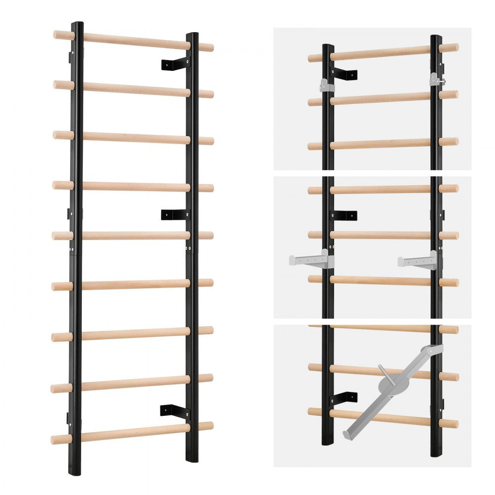 VEVOR Swedish Ladder Wall Gym, 9-Level Swedish Ladder Suspension Trainer, 330LBS Loading Solid Wood + Carbon Steel Gymnastics Stall Bars for Adult, Compatible with 3.15" x 3.15" Power Rack Accessories
