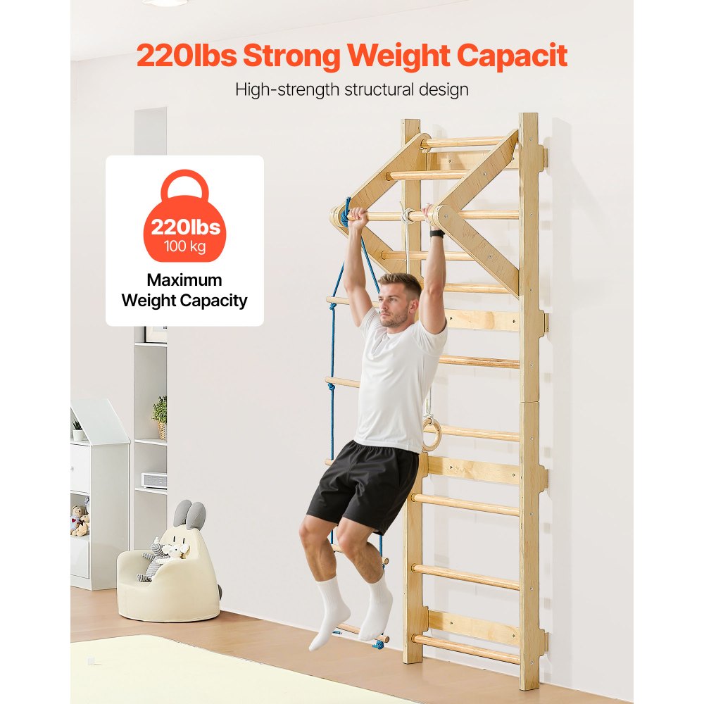VEVOR Swedish Ladder Wall Gym, 4-in-1 8-Level Indoor Jungle Gym, 220LBS Loading Solid Wood Gymnastic Stall Bars, Indoor Playground Climbing Playset with Gym Rings, Pull-Up Bar, Rope Ladder, Wall Ladder