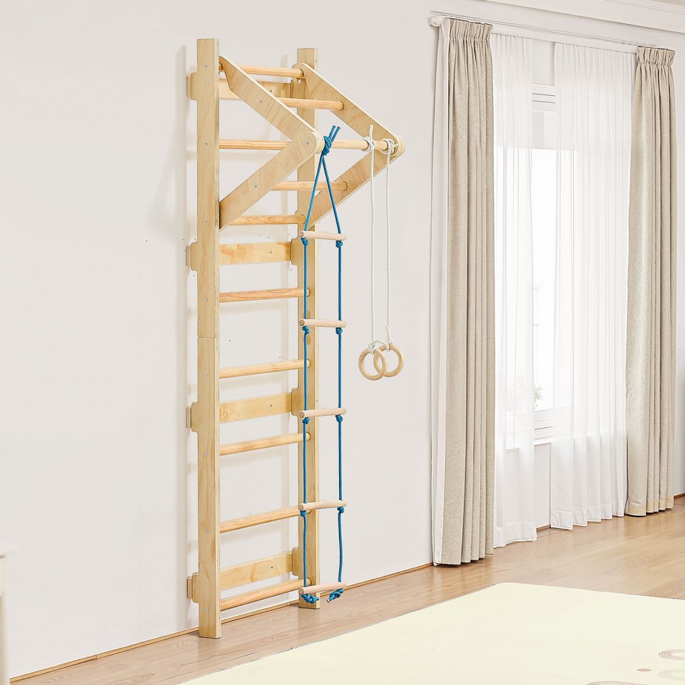 VEVOR Swedish Ladder Wall Gym, 4-in-1 8-Level Indoor Jungle Gym, 220LBS Loading Solid Wood Gymnastic Stall Bars, Indoor Playground Climbing Playset with Gym Rings, Pull-Up Bar, Rope Ladder, Wall Ladder