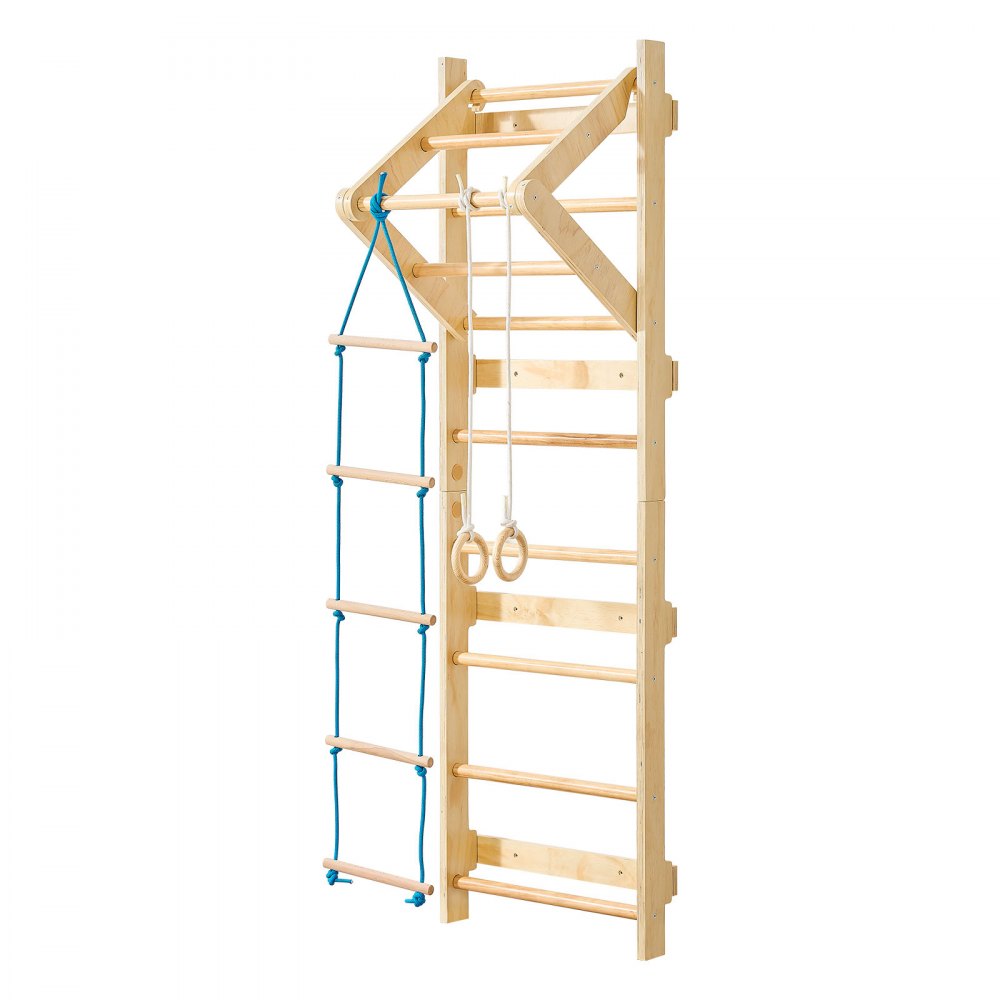 VEVOR Swedish Ladder Wall Gym, 4-in-1 8-Level Indoor Jungle Gym, 220LBS Loading Solid Wood Gymnastic Stall Bars, Indoor Playground Climbing Playset with Gym Rings, Pull-Up Bar, Rope Ladder, Wall Ladder