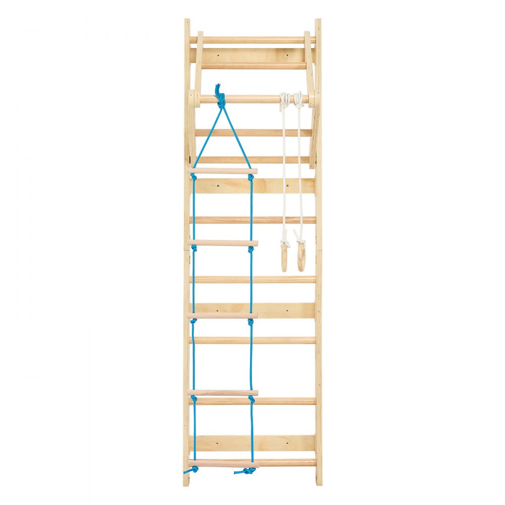 VEVOR Swedish Ladder Wall Gym, 4-in-1 8-Level Indoor Jungle Gym, 220LBS Loading Solid Wood Gymnastic Stall Bars, Indoor Playground Climbing Playset with Gym Rings, Pull-Up Bar, Rope Ladder, Wall Ladder