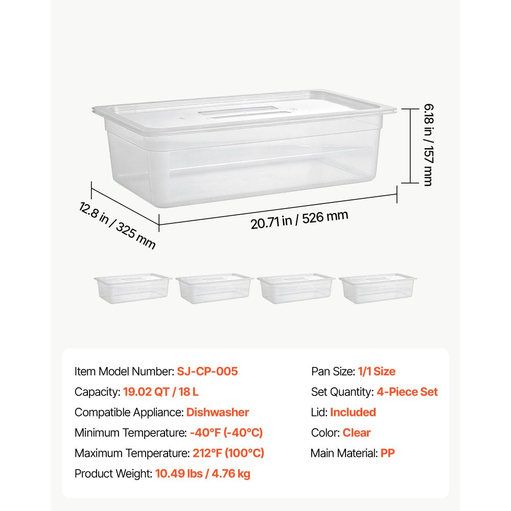 VEVOR 4-Pack Polypropylene Food Pans, Full Size, 6" Deep, Lid, Prep Table for Restaurants, Buffets and Salad Bars, Commercial Food Storage Containers, Dishwasher Compatible, Stackable, Scale Markings
