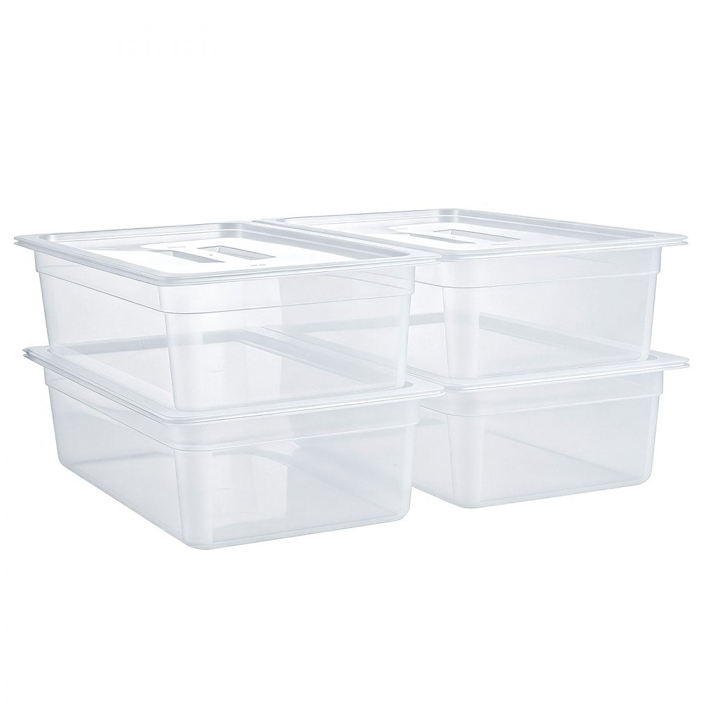 VEVOR 4-Pack Polypropylene Food Pans, Full Size, 6" Deep, Lid, Prep Table for Restaurants, Buffets and Salad Bars, Commercial Food Storage Containers, Dishwasher Compatible, Stackable, Scale Markings
