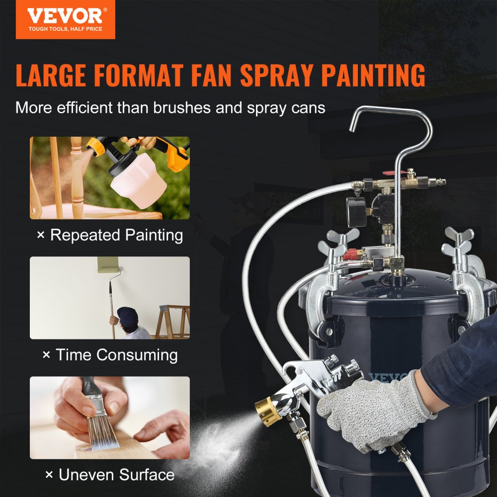 VEVOR Spray Paint Pressure Pot Tank, 10L/2.5gal Air Paint Pressure Pot, 1.5mm+4mm Two Nozzles Two Spray Paint Guns, 60PSI Max, for Industry Home Decor Architecture Construction Automotive Painting