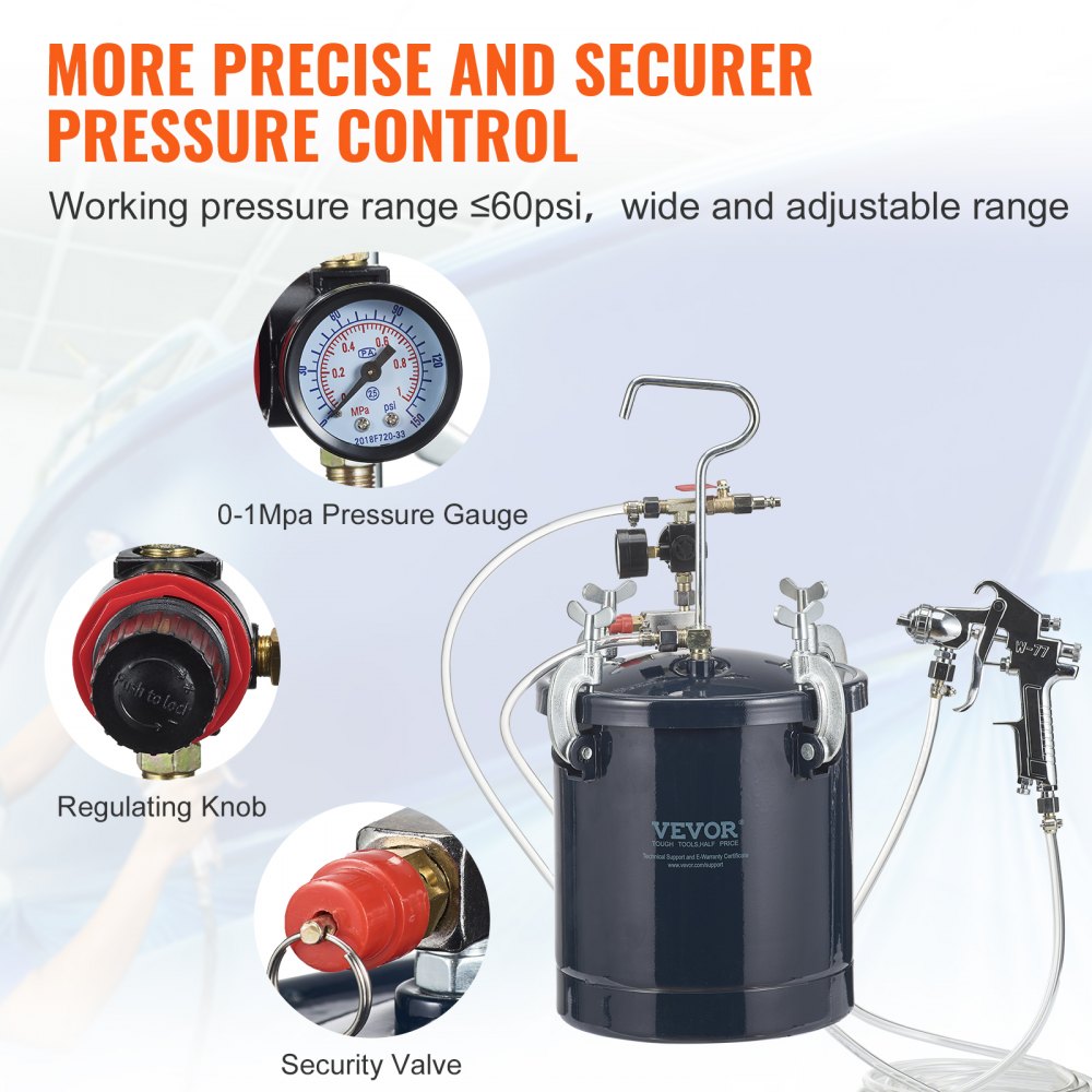 VEVOR Spray Paint Pressure Pot Tank, 10L/2.5gal Air Paint Pressure Pot, 1.5mm+4mm Two Nozzles Two Spray Paint Guns, 60PSI Max, for Industry Home Decor Architecture Construction Automotive Painting