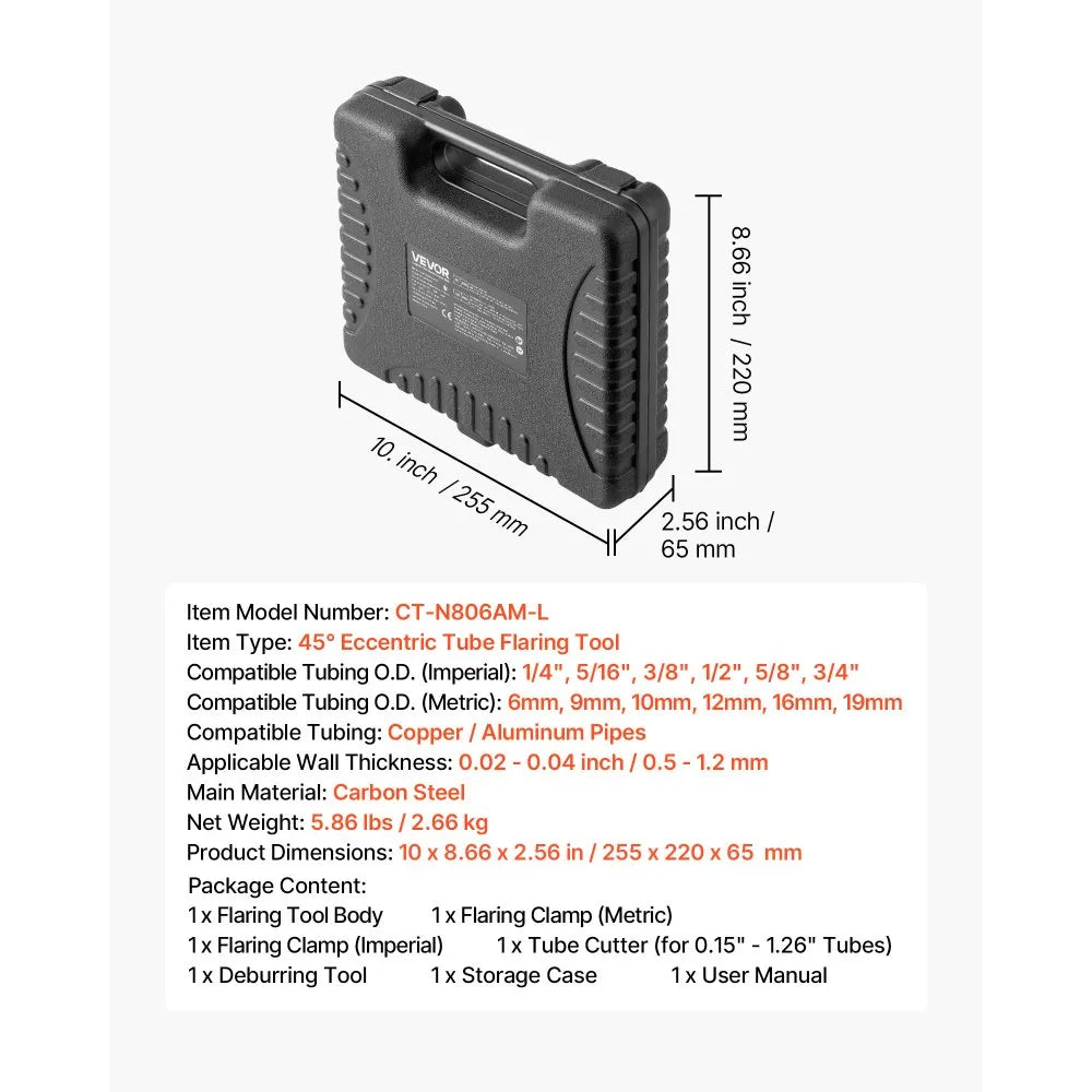 VEVOR Flaring Tool HVAC, 45° Eccentric Single Flaring Tool for 1/4"-3/4" & 6-19mm Copper Aluminum Tubes - with Metric & SAE Clamps, Tube Cutter & Toolbox for Refrigeration Air Conditioner Repair