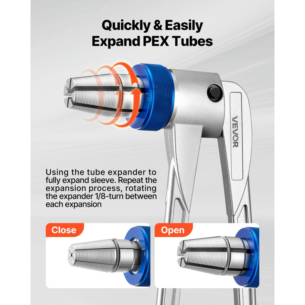VEVOR PEX Pipe Expander Tool Kit, Manual Tubing Expansion Tool for 3/8", 1/2", 3/4", 1" PEX Pipes - with 4 Expanding Heads, Pipe Cutter & Carrying Case for Radiant Heating & Water Plumbing System