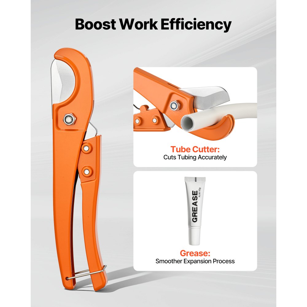 VEVOR PEX Pipe Expander Tool Kit, Manual Tubing Expansion Tool for 3/8", 1/2", 3/4", 1" PEX Pipes - with 4 Expanding Heads, Pipe Cutter & Carrying Case for Radiant Heating & Water Plumbing System