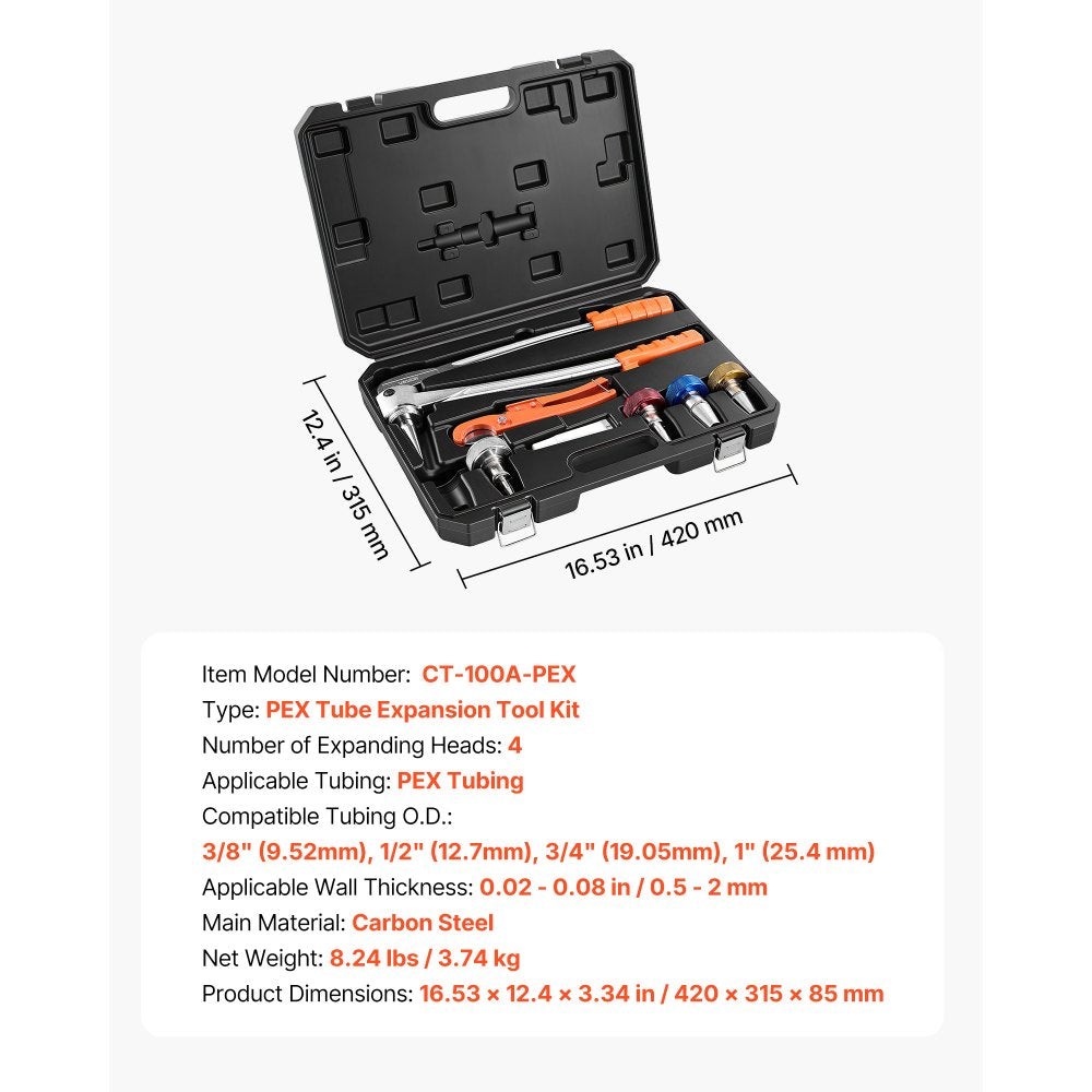 VEVOR PEX Pipe Expander Tool Kit, Manual Tubing Expansion Tool for 3/8", 1/2", 3/4", 1" PEX Pipes - with 4 Expanding Heads, Pipe Cutter & Carrying Case for Radiant Heating & Water Plumbing System