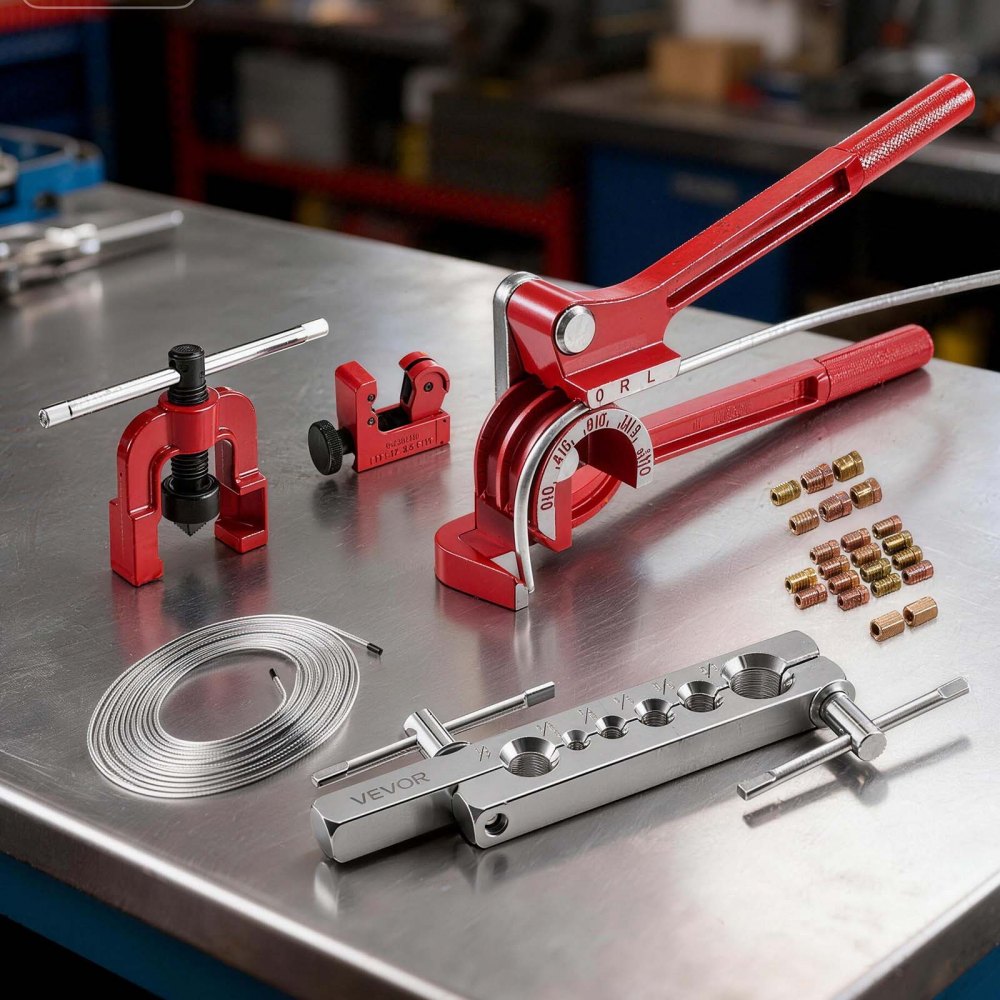 VEVOR 3/16" Brake Line Repair Kit, 45° Single Brake Line Flaring Tool Kit, 25FT Copper-Coated Brake Line with 20 Fittings & 2 Unions, 3-in-1 Tube Bender (1/4", 5/16", 3/8"), Tube Cutter Included
