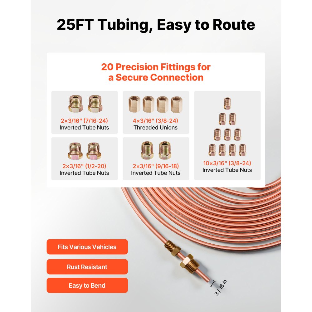 VEVOR 3/16" Brake Line Repair Kit, 45° Double & Single Brake Line Flaring Tool Kit, 25FT Copper Coated Brake Line (with 16 Fittings & 4 Unions) - Tube Cutter, 5 Adapters and Toolbox Included