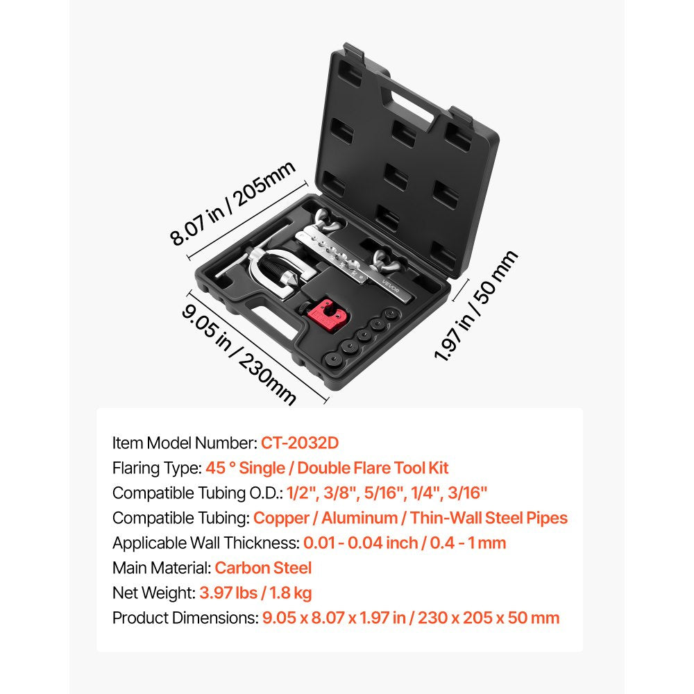 VEVOR 3/16" Brake Line Repair Kit, 45° Double & Single Brake Line Flaring Tool Kit, 25FT Copper Coated Brake Line (with 16 Fittings & 4 Unions) - Tube Cutter, 5 Adapters and Toolbox Included