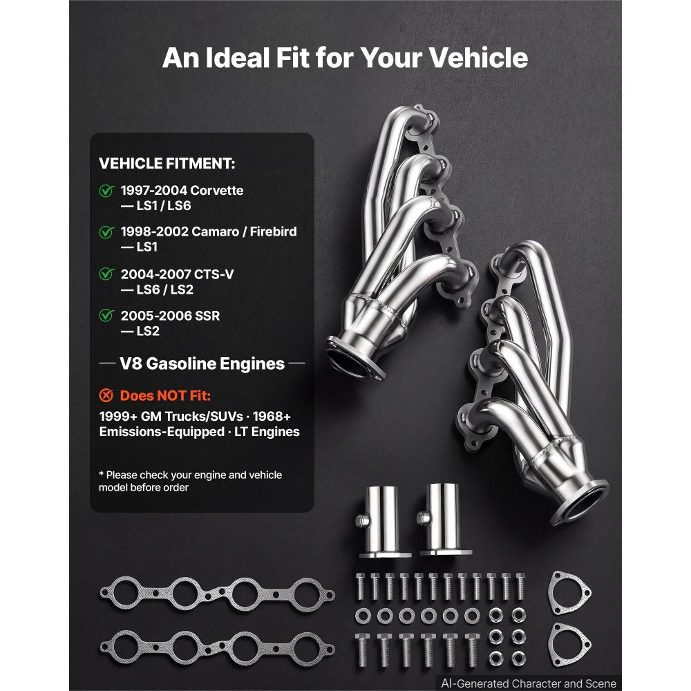 VEVOR Exhaust Headers Manifold Replacement for Chevy LS1 LS2 LS3 LS6 LS7, LS Engine Swap Conversion Exhaust Headers, Stainless Steel, Complete Hardware for Improved Exhaust Flow & Engine Performance