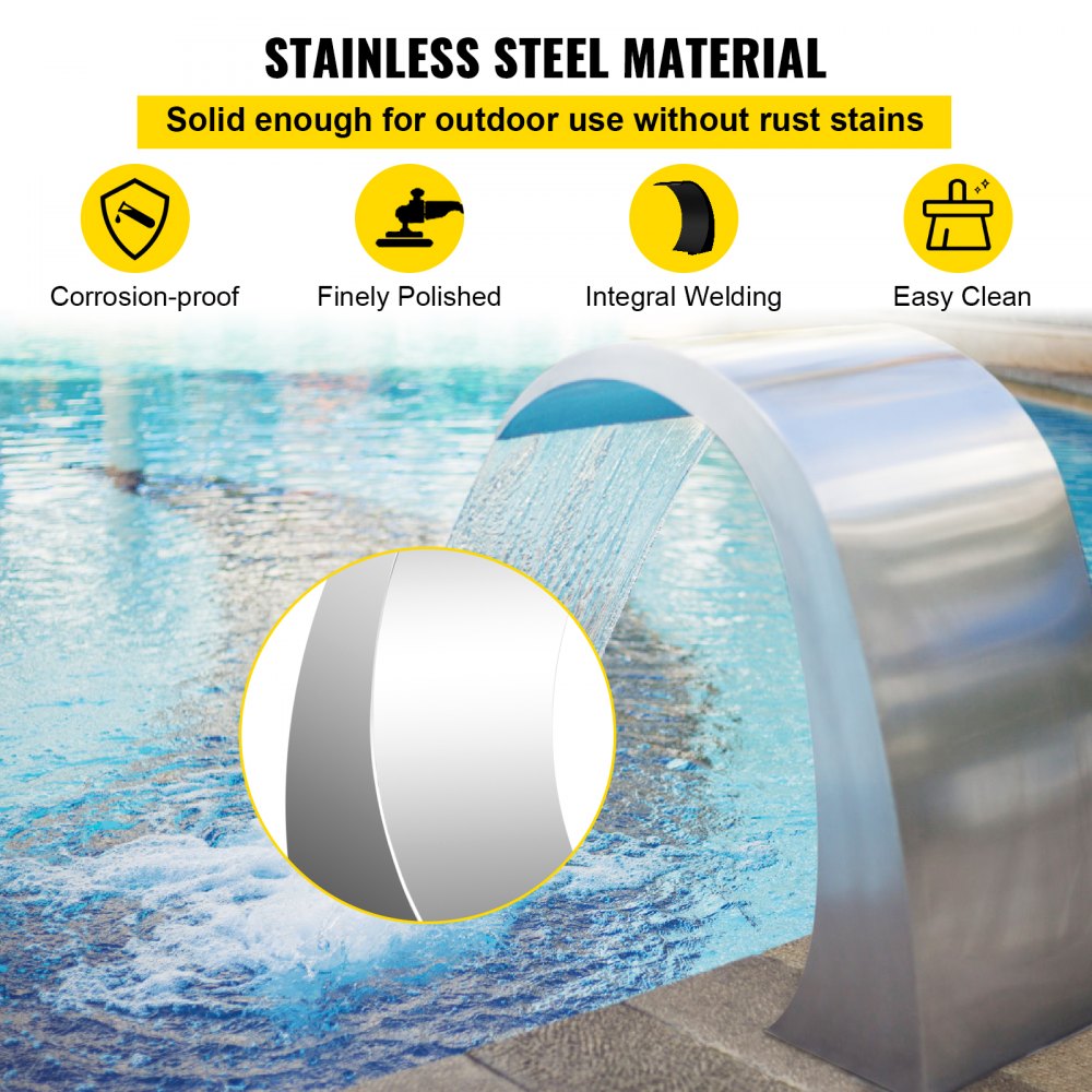 VEVOR Pool Waterfall Fountain Stainless Steel Fountain 15.4\" x 7.9\" x 1.5\" Silver Pool Fountains for Ground Pools Garden Outdoor Waterfalls Sheer Descent Pond Water Feature