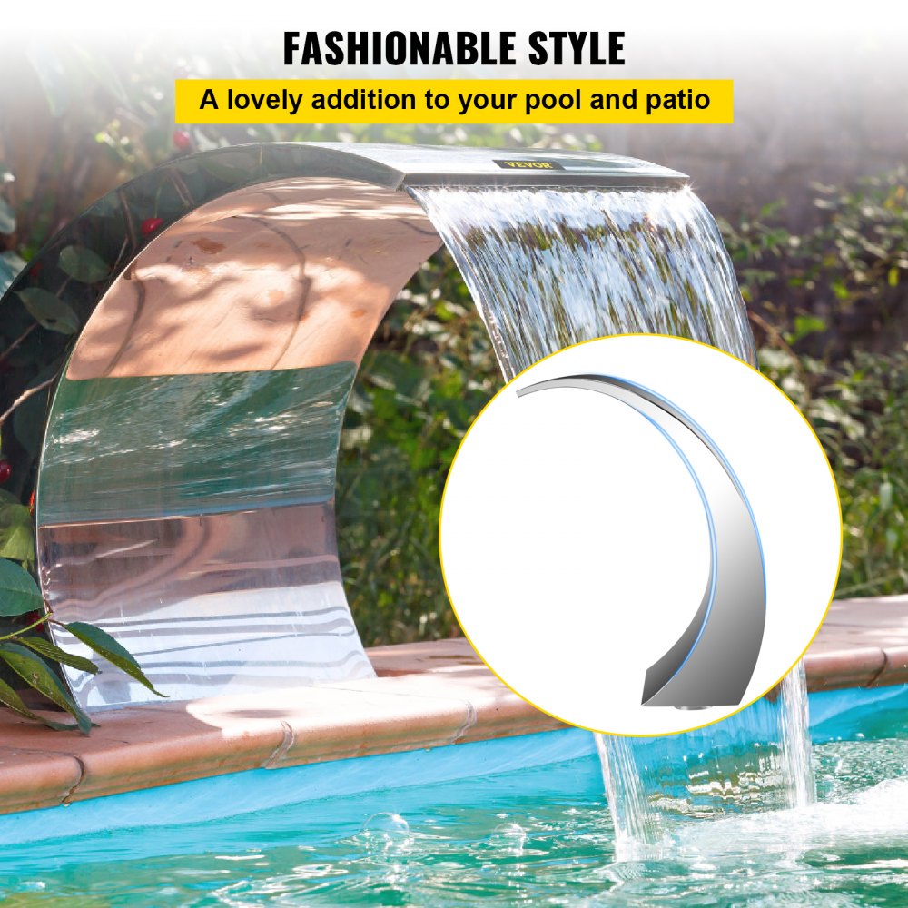 VEVOR Pool Waterfall Fountain Stainless Steel Fountain 15.4\" x 7.9\" x 1.5\" Silver Pool Fountains for Ground Pools Garden Outdoor Waterfalls Sheer Descent Pond Water Feature