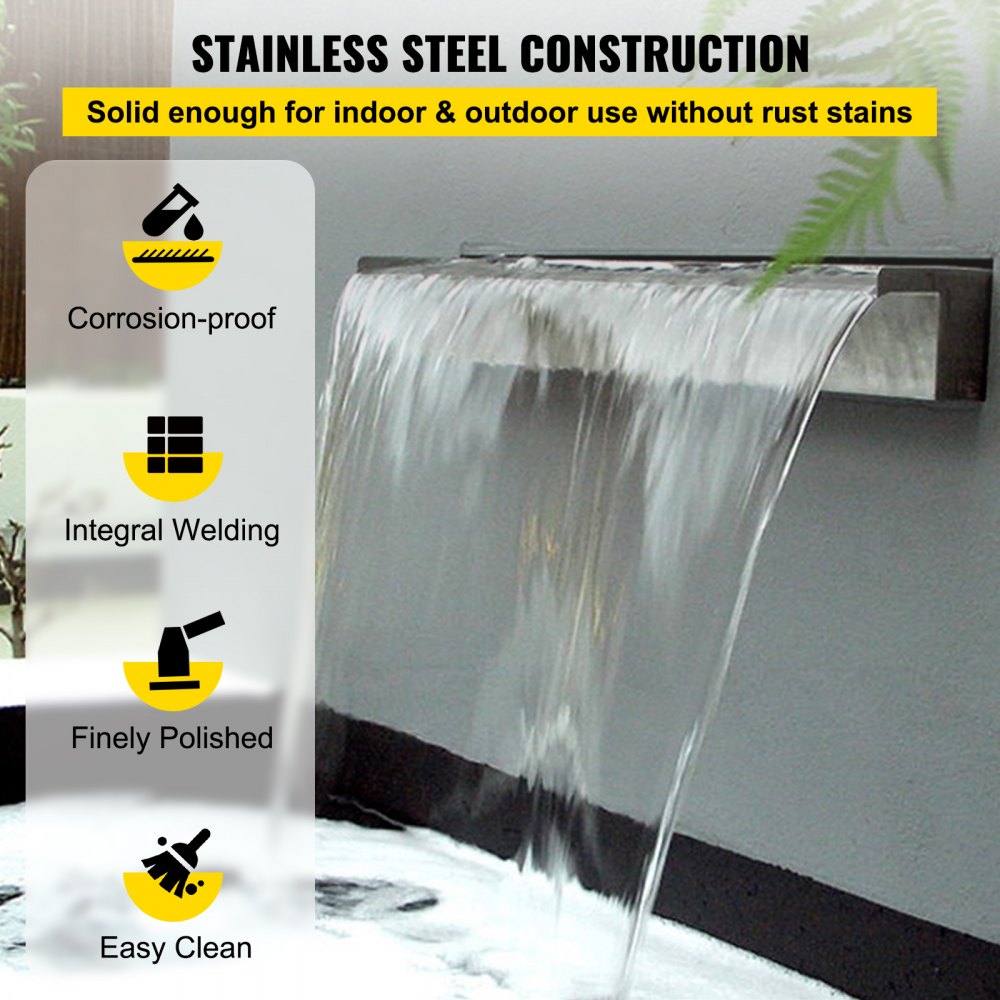 VEVOR Pool Fountain Stainless Steel Pool Waterfall Spillway with Pipe Connector Rectangular Garden Outdoor (59.1\")