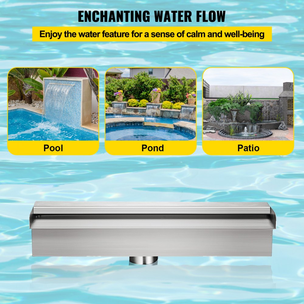 VEVOR Pool Fountain Stainless Steel Pool Waterfall Spillway with Pipe Connector Rectangular Garden Outdoor (17.7\")